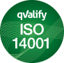 Rund grön cirkel med ISO 14001 skrivet med vit text